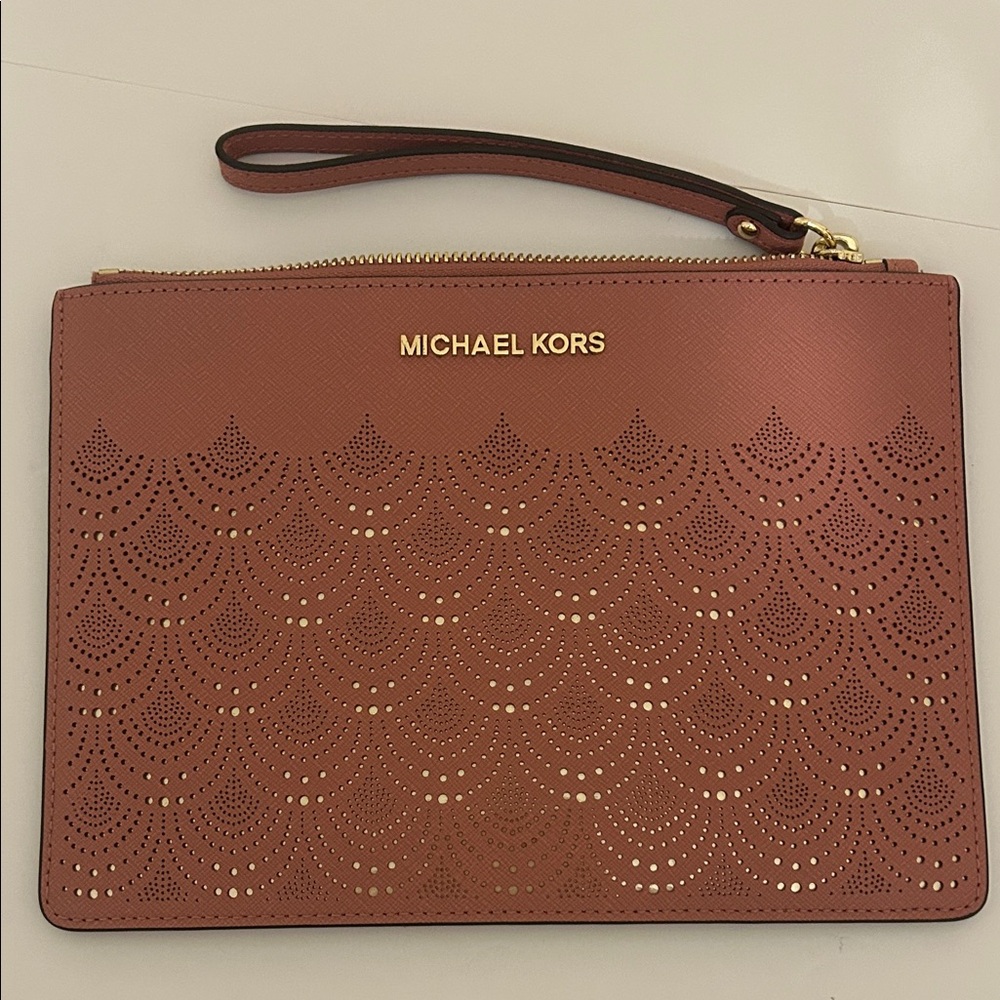 Michael Kors Perforated Leather Wristlet in Rose Brown